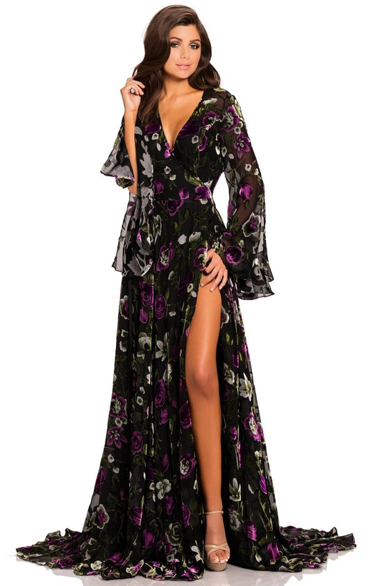Johnathan Kayne - 8022 Plunging V-neck Chiffon/Velvet A-line Dress In Black and Multi-Color