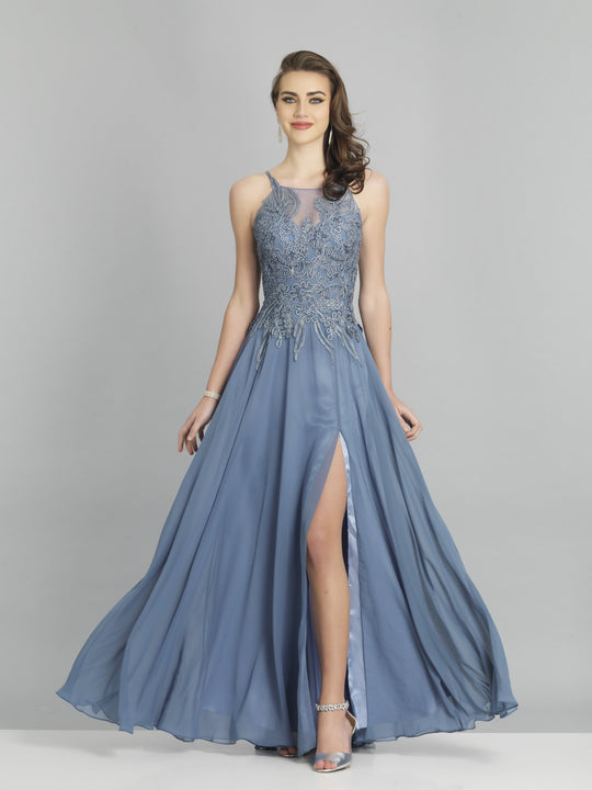 Dave & Johnny - A8023 Soutache Detailed High Slit Gown In Blue