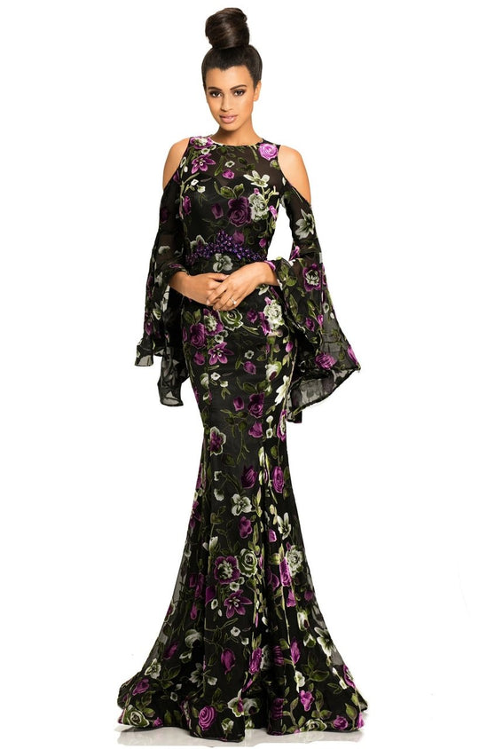 Johnathan Kayne - 8023 Floral Print Chiffon/Velvet Trumpet Dress In Black and Multi-Color