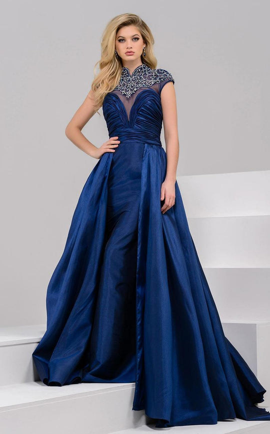 37453 Beaded Ruched Cap Sleeve Long Gown