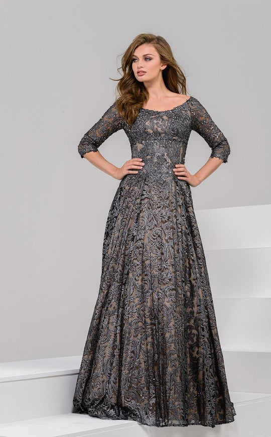 Jovani Scoop Quarter Length Sleeves A Line Gown 37938 - 1 pc Grey In Size 12 Available In Gray