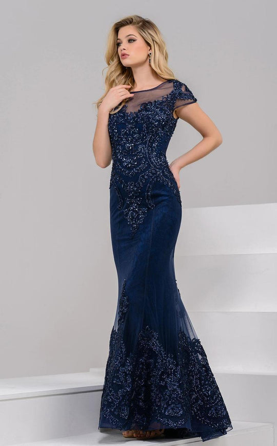 39483 Beaded Jewel Neck Trumpet Dress
