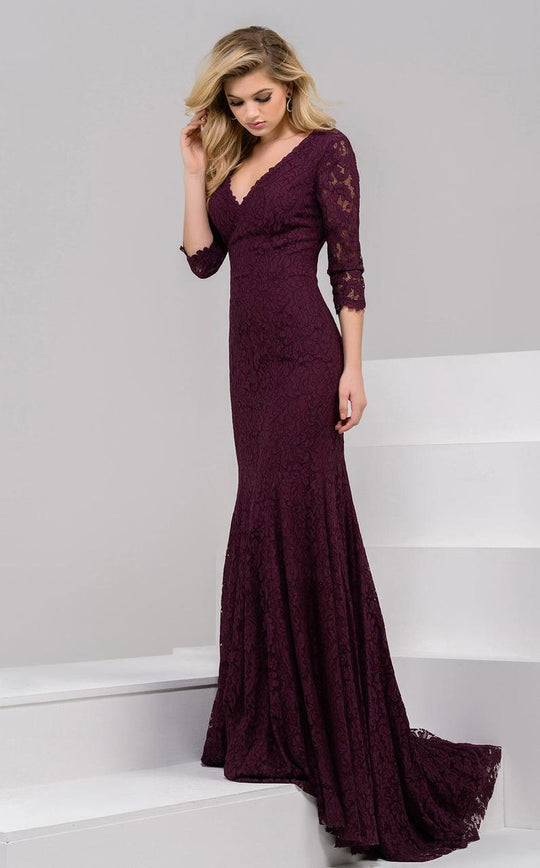 39718 V Neck Quarter Length Sleeves Long Dress