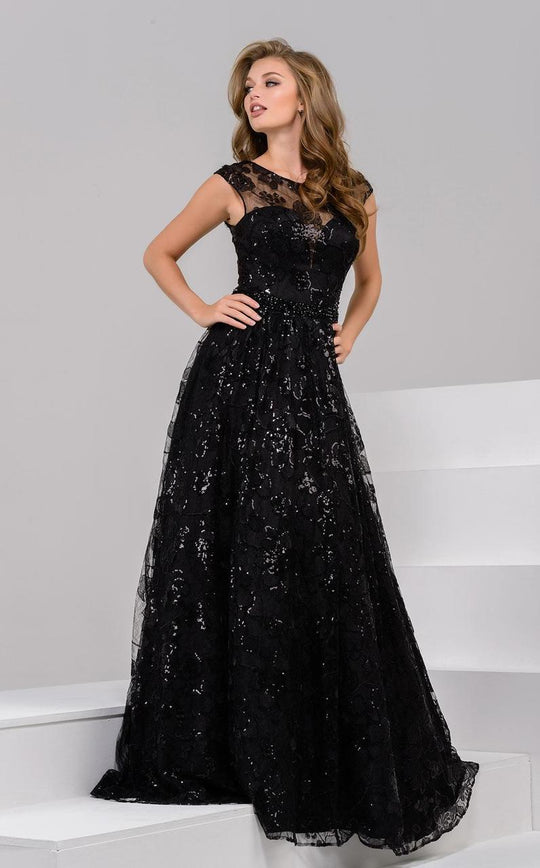 39729 Beaded Jewel Cap Sleeves Long Gown