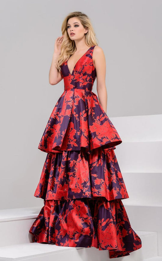45167 Floral Printed Layered Evening Gown