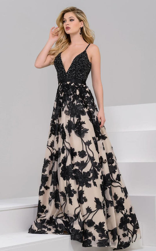 47604 Deep V-Neck Beaded Evening Gown
