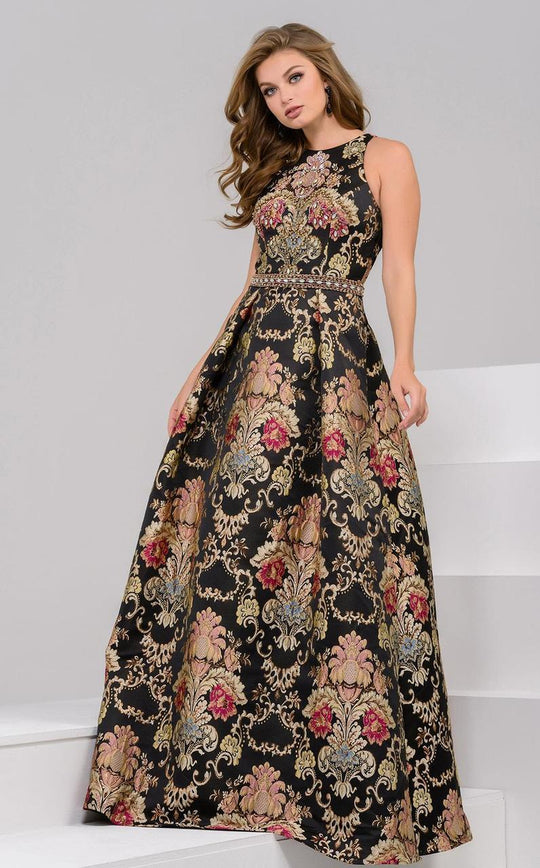 Jovani - Jacquard Jewel Neck Ballgown 48394 in Black/Multi