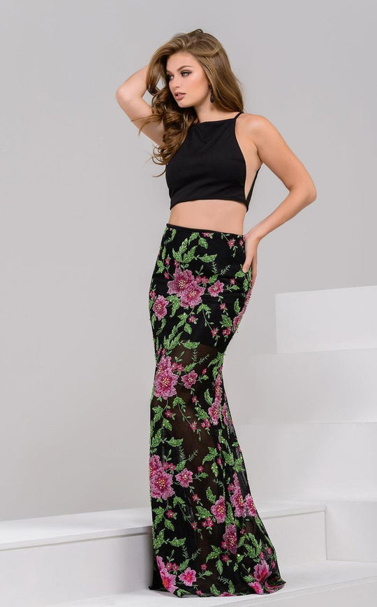 48961 Halter Neck Floral Two-Piece Evening Gown