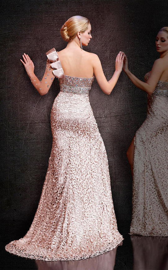 MNM Couture - 8027W Pleated One Shoulder Lace Evening Gown  In Gold
