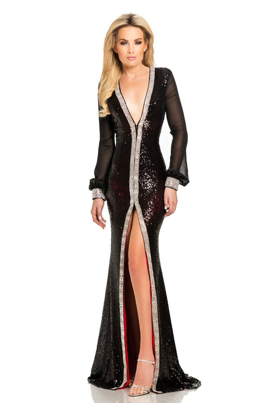 Johnathan Kayne - 8027 Long Sleeve Sequined Evening Gown in Black and Red