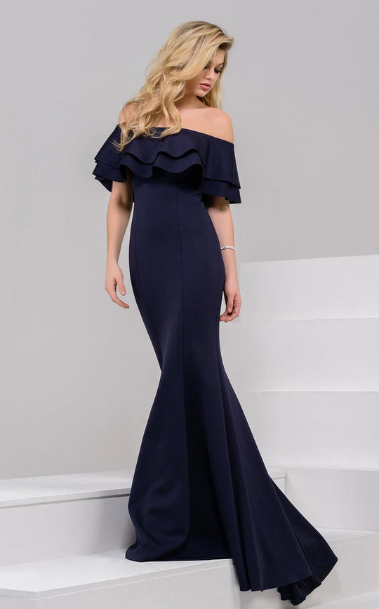 Jovani - Ruffled Off-Shoulder Mermaid Dress 49631 in Blue