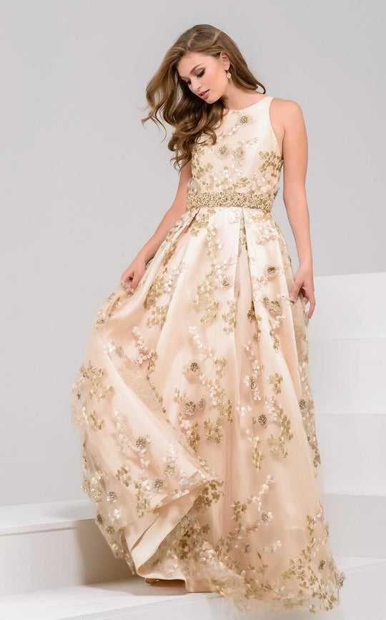 49964 Sleeveless Floral Embellished Evening Gown