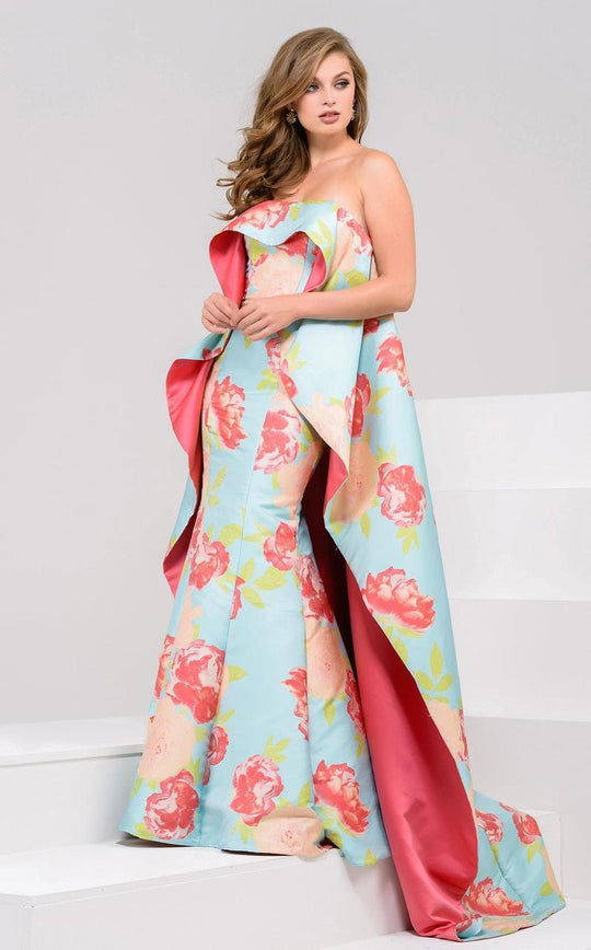 50970 Strapless Floral Caped Evening Gown