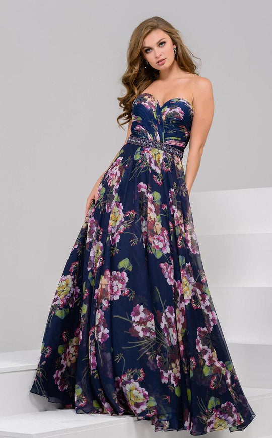 Jovani Strapless Surplice Sweetheart Floral A-Line Gown 51540 in Blue and Multi-Color