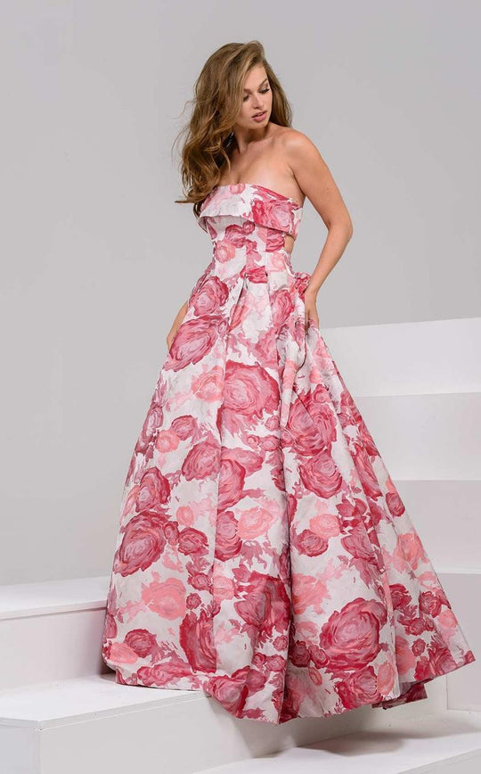 39743 Strapless Floral Pleated A Line Gown