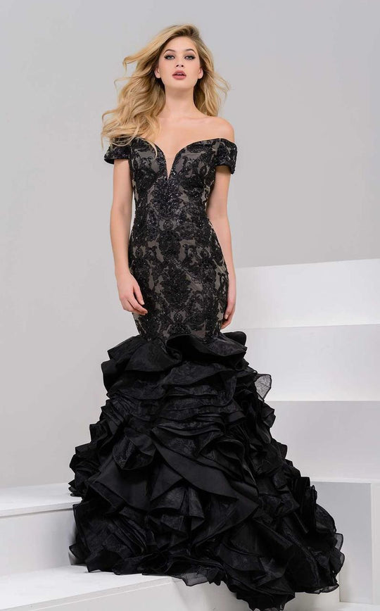 39746 Off Shoulder Ruffled Trumpet Gown
