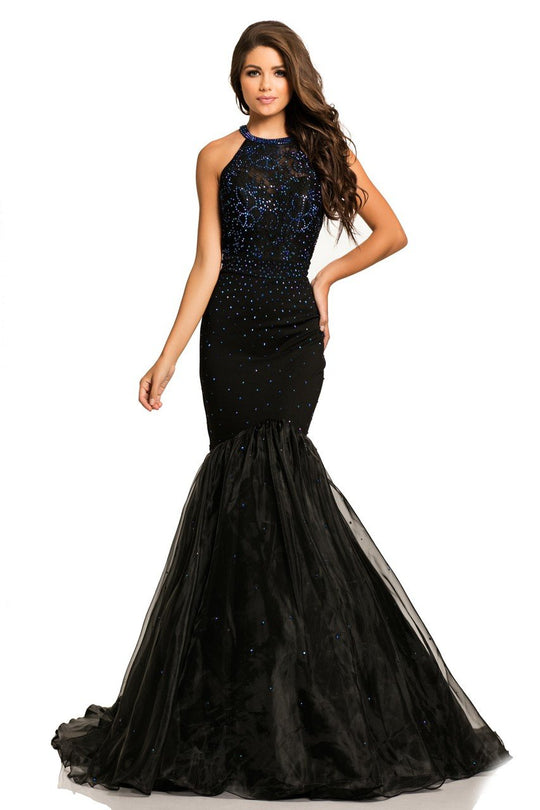 Johnathan Kayne - 8030 Halter Crystal Embellished Mermaid Gown in Black