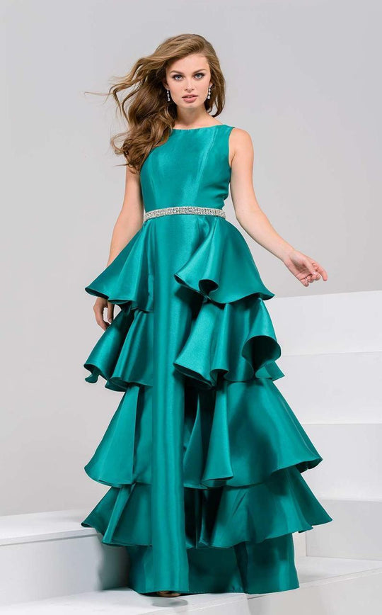 40430 Bateau Neck Ruffled Evening Gown