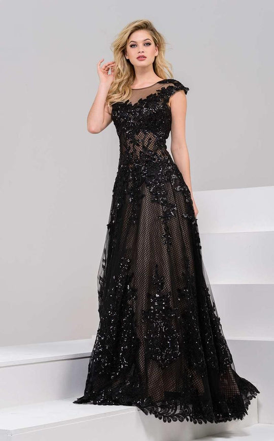 40451 Embellished Cap Sleeves A Line Gown