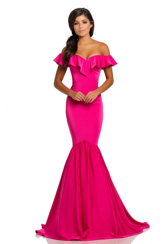 Johnathan Kayne - 8032 Ruffled Off Shoulder Fitted Evening Gown in Pink