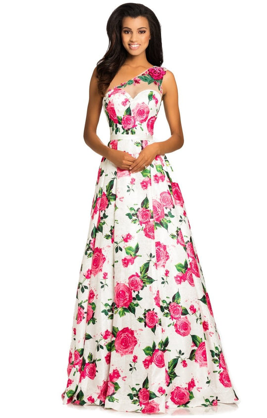 Johnathan Kayne - 8034 Floral Print One Shoulder Jacquard Dress In Pink and Multi-Color