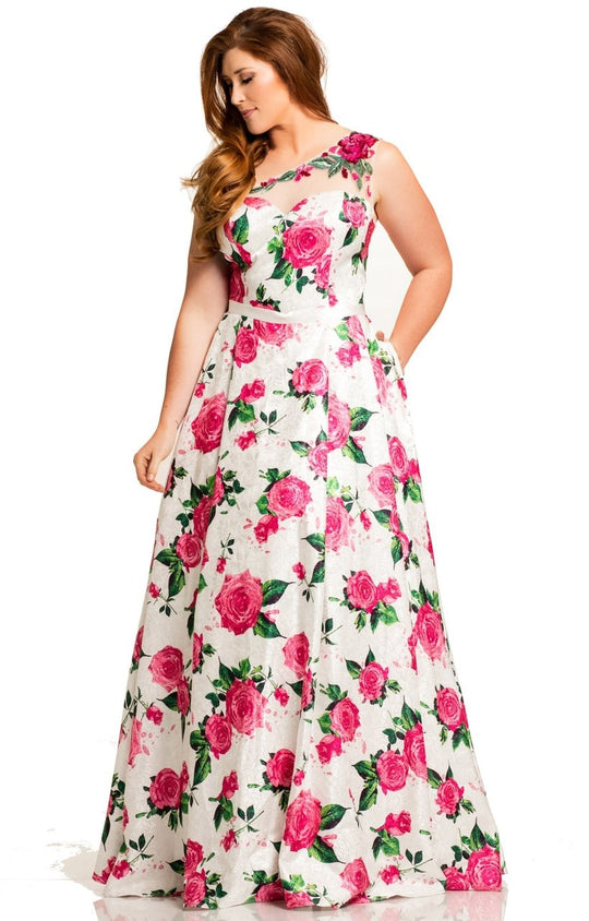 Johnathan Kayne - 8034K Asymmetrical Floral Printed Ballgown In Pink and Multi-Color
