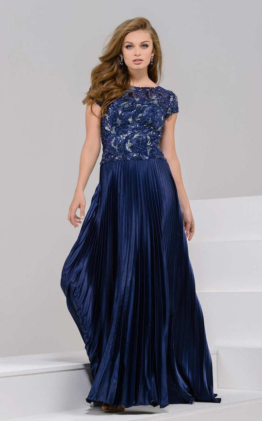 41868 Sequined Cap Sleeve Pleated Evening Gown