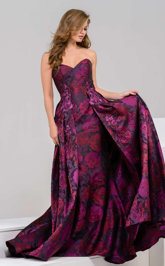45364 Strapless Floral Print  Pleated Evening Gown