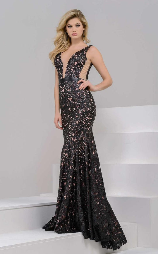 46005 Leather Lace Overlay Evening Dress