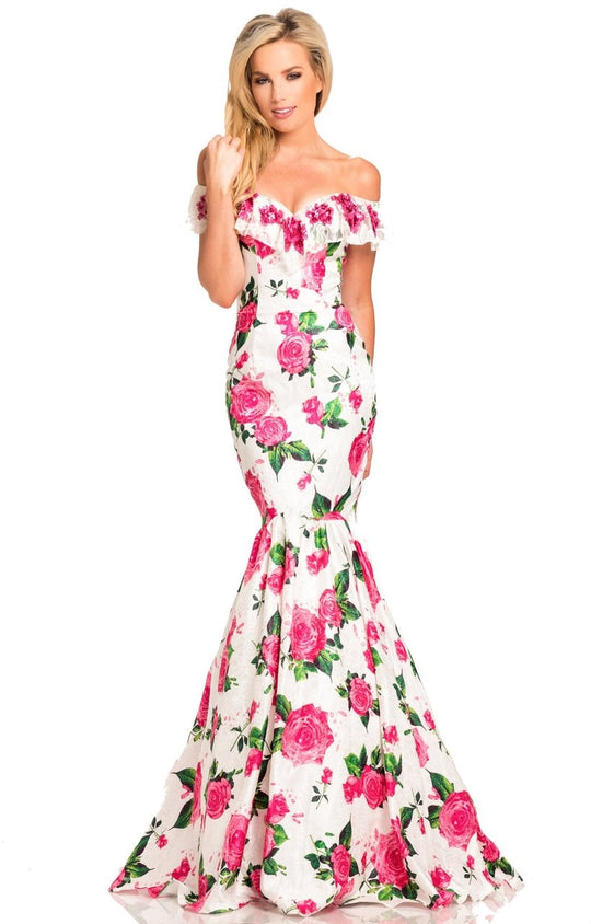Johnathan Kayne - 8037 Floral Print Jacquard Mermaid Dress In Pink and Multi-Color