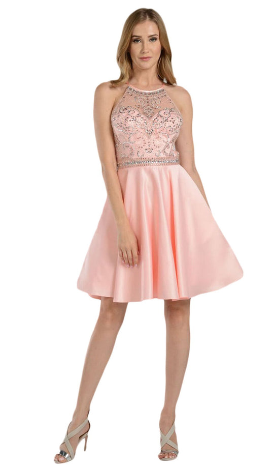 Poly USA - 8038 Beaded Illusion Halter A-Line Cocktail Dress