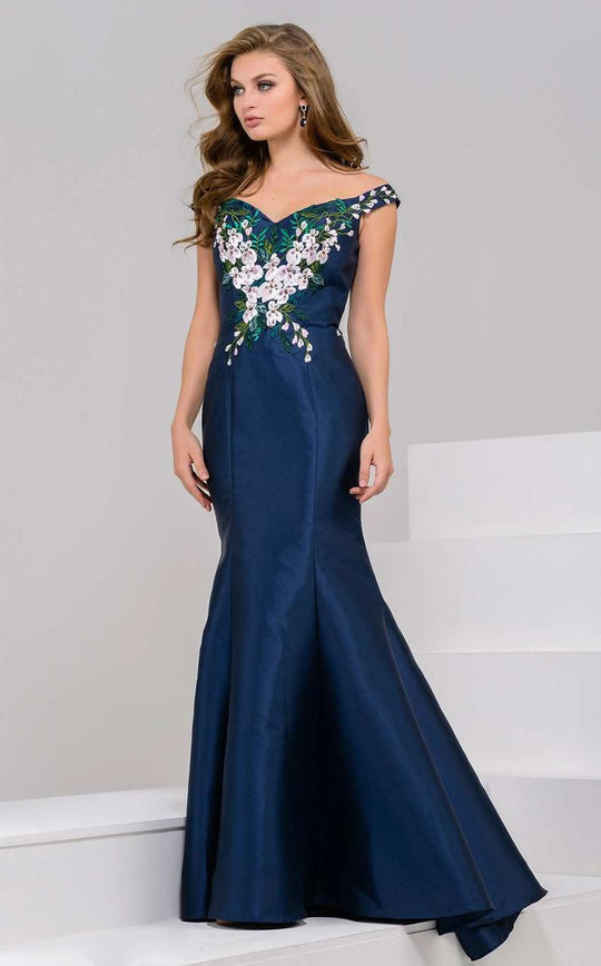 47815 Floral Embroidered Off Shoulder Evening Gown