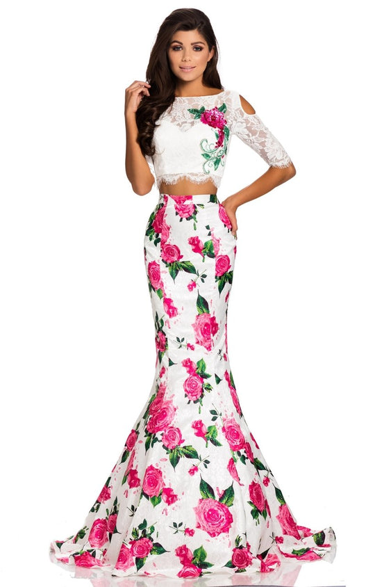 Johnathan Kayne - 8038 Two Piece Illusion Bateau Mermaid Dress In Pink and Multi-Color