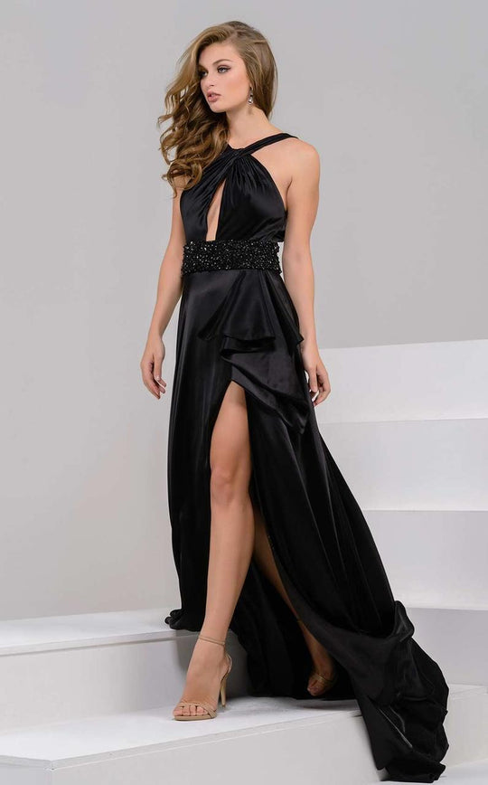 48085 Halter Neck High Slit Satin Evening Gown