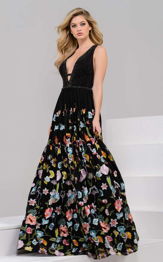 48091 Deep V-Neck Floral Print Detail Evening Gown