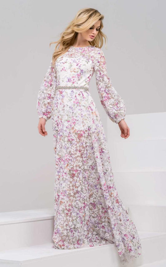 48387 Long-Sleeved Floral Lace Evening Gown