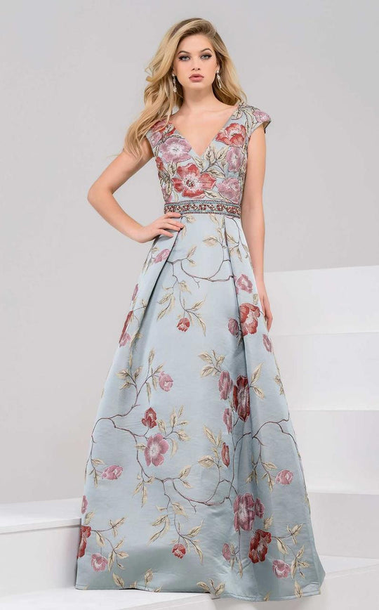 48396 Floral Printed Pleated Evening Gown