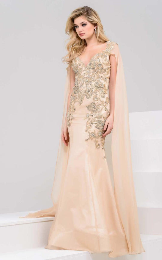48427 Gilded Floral Applique Cape Evening Gown