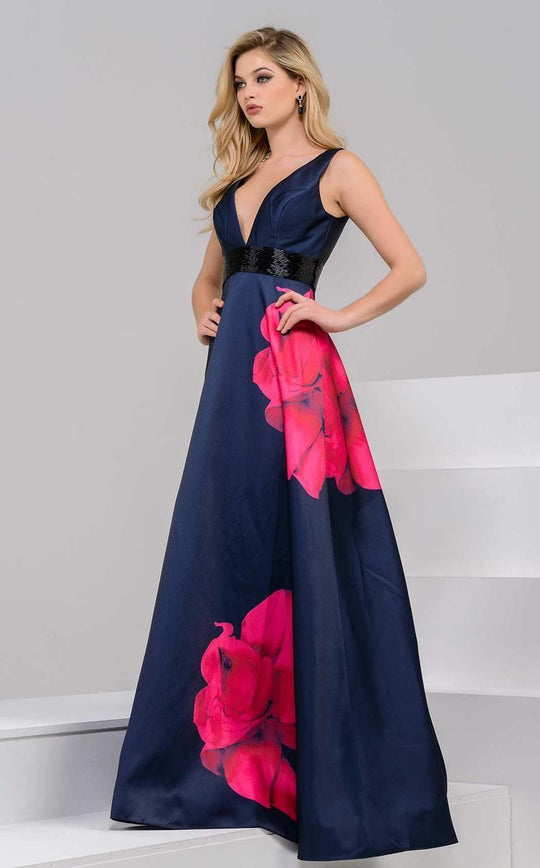 48460 Bold Contrast Floral Print Evening Gown