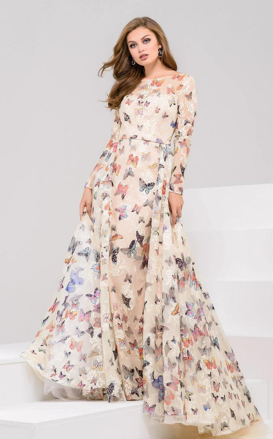 49745 Long-Sleeved Sheer Butterfly Evening Gown