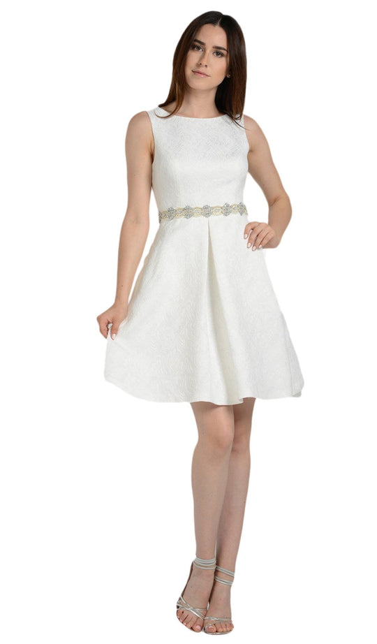 Poly USA - 8042 Sleeveless Bateau Jacquard A-line Dress in White