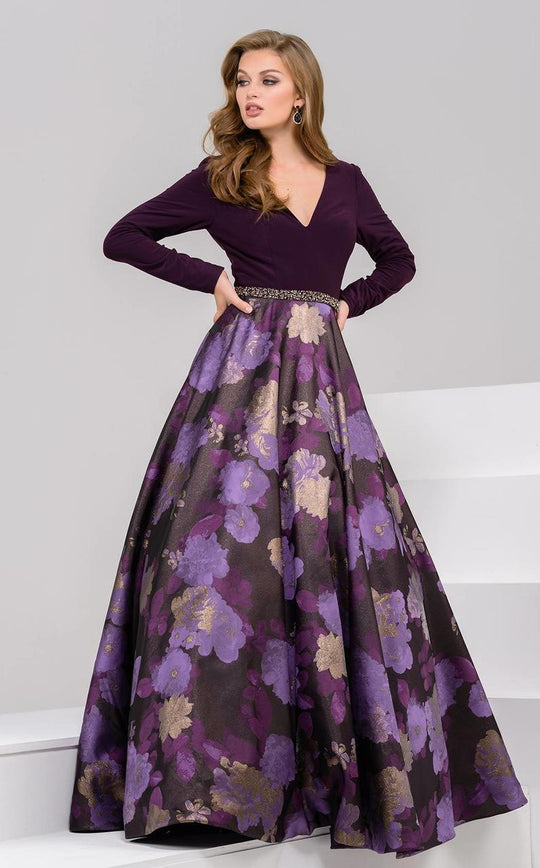 49899 Long-Sleeved V-Neck Floral Evening Gown