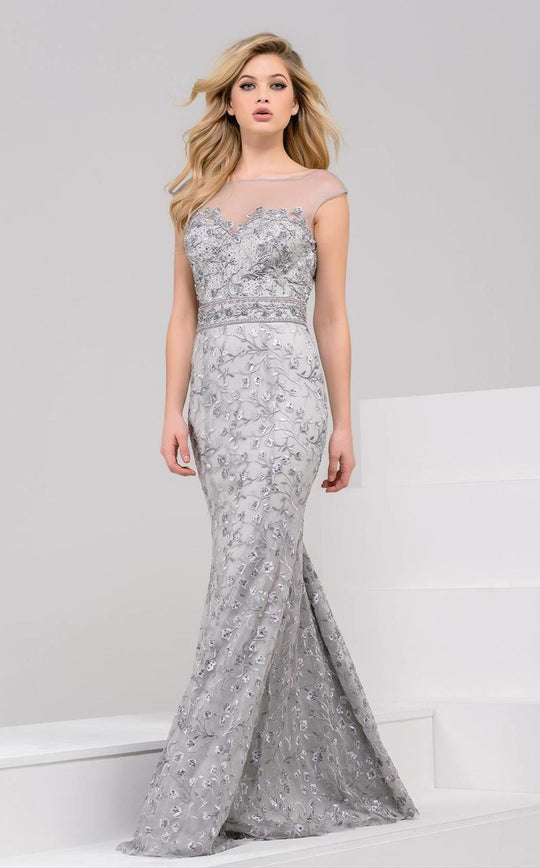 49960 Sheer Neckline and V-Back Embroidered Dress