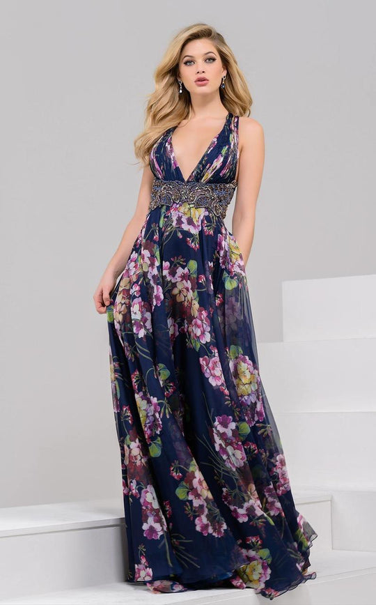 49968 Deep V-Neck Floral Print Evening Gown
