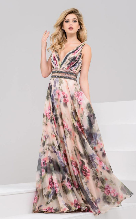 50443 V-Neck Floral Print Evening Gown