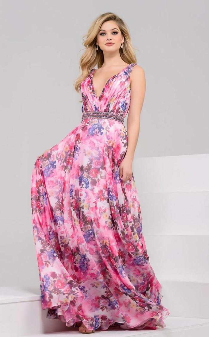 50554 Plunging V-neck Floral Evening Gown