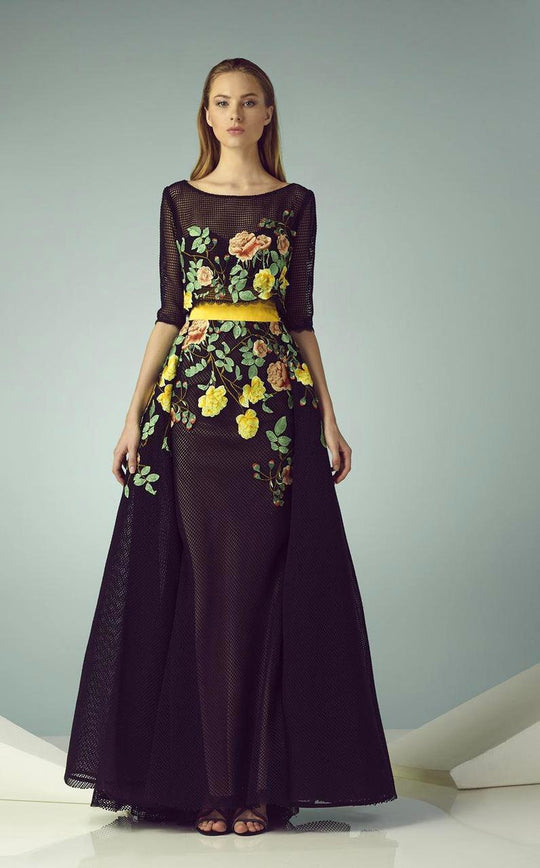 Beside Couture - BC1227 Floral Designed Illusion Bateau Dress in Black and Yellow