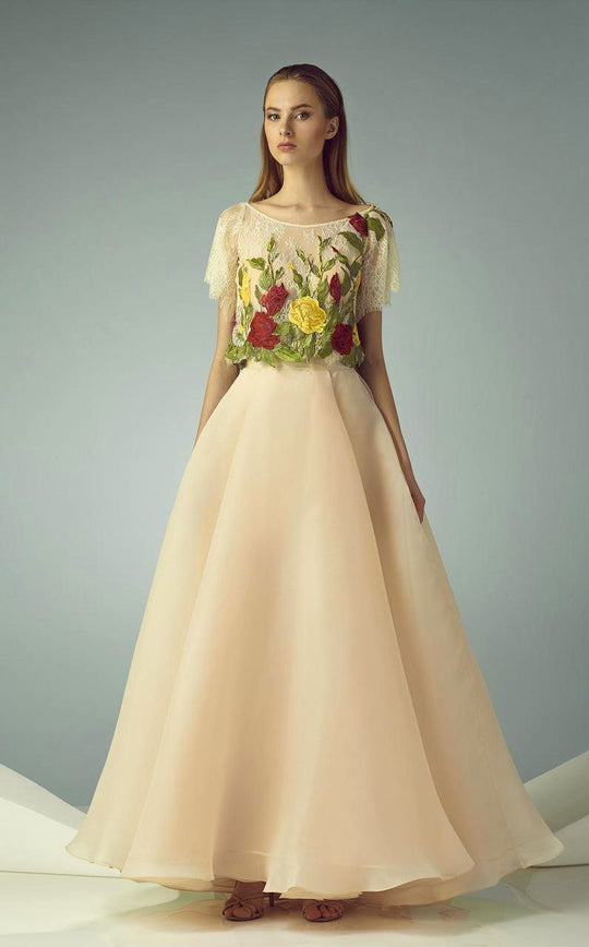 Beside Couture - BC1229 Floral Accented Lace A-line Dress in Neutral and Multi-Color