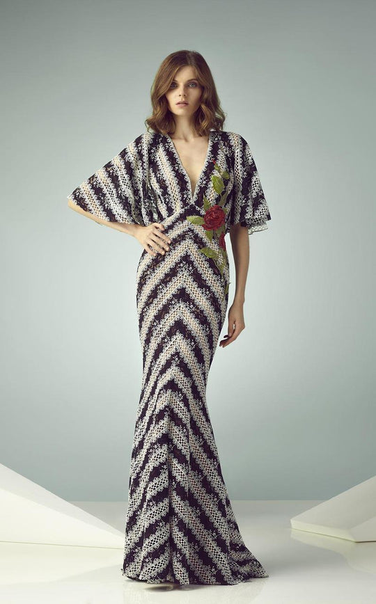 Beside Couture - BC1232 V-neck Sheath Dress With Floral Motif in Black and White