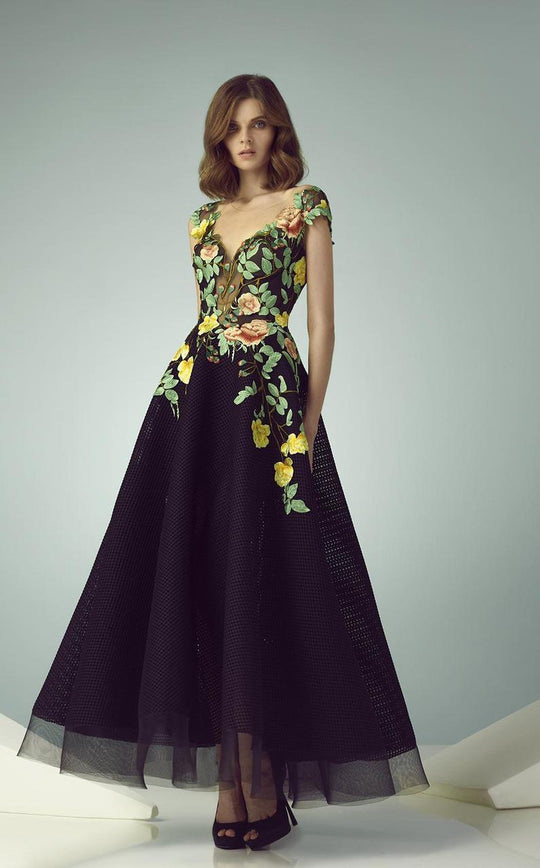 Beside Couture - BC1233 Floral Applique A Line Evening Gown in Black and Yellow